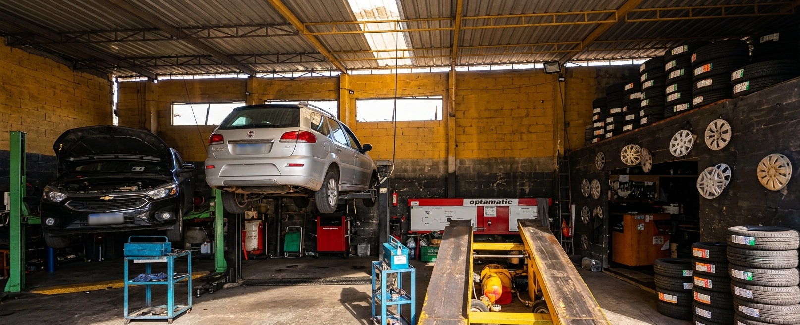 Veículos em manutenção na oficina Tom Rodas